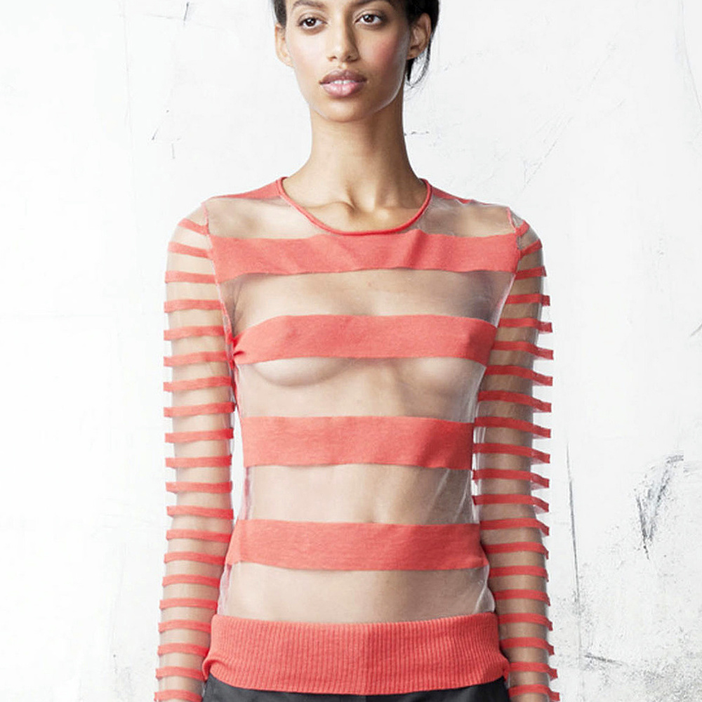 $268  EDUN Coral SHEER Crewneck SILK Sweater RIHANNA* L